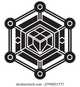 Blackandwhite geometricpattern illustration of hexagonshape with circle and cube inside abstractdesign element whitebackground