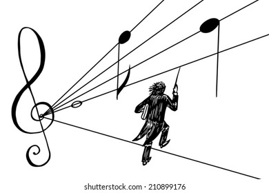 Black-and-white hand drawn vector illustration of a conductor wading through lines of note stuff in a hurry