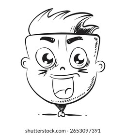 Desenho desenhado à mão em preto-e-branco de um personagem alegre com olhos expressivos, sorriso largo e penteado animado. Traz diversão e criatividade para projetos de design, com foco em felicidade, curiosidade, 
