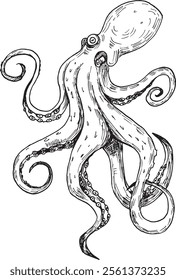 A black-and-white hand-drawn illustration of an octopus. The artwork highlights intricate line work and detailed textures, showcasing the octopus's flowing tentacles and distinct anatomy. 