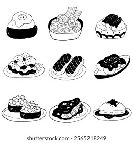 A black-and-white, hand-drawn Japanese food doodle set featuring ramen, sushi, takoyaki, tempura, onigiri, mochi, and other delicious traditional dishes.