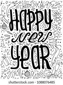 Black-and-white hand-drawn lettering with doodles - Happy new year.
