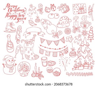 A black-and-white hand-drawn set of small drawings on the theme of Christmas and new year, as well as a lettering. Trace.