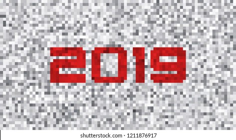 Black-and-white horizontal pixel background with 2019 on a white noise. Vector graphic pattern