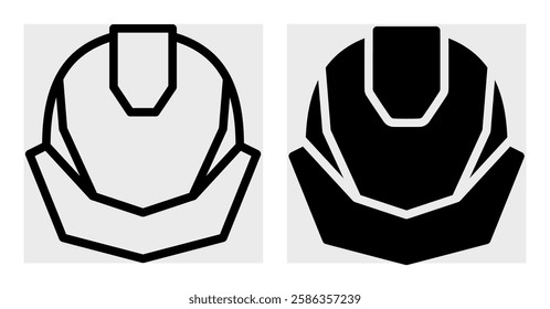 A black-and-white icon of a construction helmet, symbolizing worker safety. Provided in outline and solid versions, ideal for workplace safety materials, construction logos, and industrial branding.