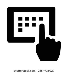 Black-and-white icon depicting a hand pressing a circular button, symbolizing the action of entering a password. Perfect for security features in digital interfaces. Enter password Icon,