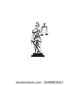 A black-and-white icon of Lady Justice, depicted holding a sword and a set of balanced scales. The figure represents fairness, law, and impartiality. Commonly used in legal contexts and institutions.