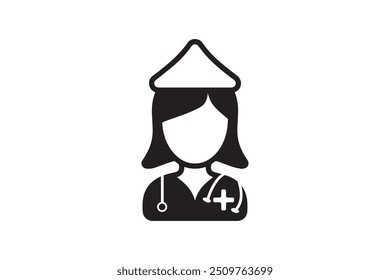 A black-and-white icon of a nurse wearing a traditional cap and stethoscope, symbolizing healthcare, nursing, and medical professions.