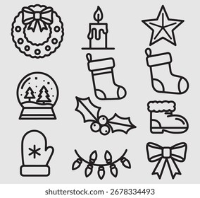Un conjunto de íconos en blanco y negro con varios artículos de Navidades, incluyendo una corona de flores, una vela, una estrella, medias y un globo terráqueo