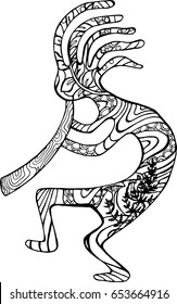 Black-and-white illustration of the ancient deity of Kokopelli