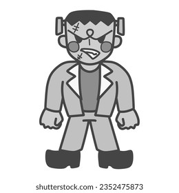 Black-and-white illustration of an angry Frankenstein, cutely deformed.