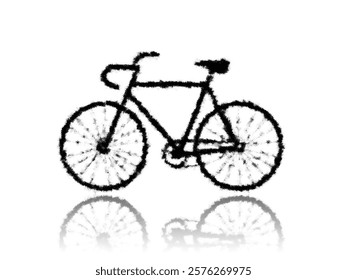 Black-and-white illustration of a bicycle. It features simple lines to depict the frame, wheels, and handlebars, with a reflection of the bicycle below it on a white background. 