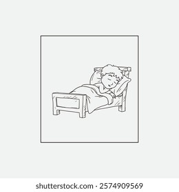 Black-and-white illustration of a child sleeping soundly in a bed under a cozy blanket. Captures peacefulness and relaxation.