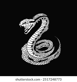 Ilustração em preto-e-branco de uma cobra enrolada com boca aberta e detalhes de escala intrincados. A forma sinuosa da cobra e os olhos afiados criam um design ousado e minimalista para impressão de pôster, tatuagem ou camiseta