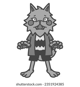 Black-and-white illustration of a crying werewolf, cutely deformed.