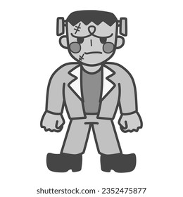 Black-and-white illustration of a cute deformed Frankenstein.