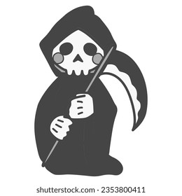 Black-and-white illustration of a cute deformed Grim Reaper.