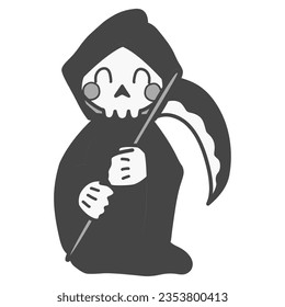 Black-and-white illustration of a cute deformed laughing reaper.