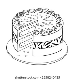 Black-and-white illustration of a decorated layered cake with intricate designs, presented for creative coloring. Features detailed shapes for an engaging artistic activity suitable for all ages.