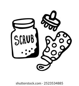 A black-and-white illustration featuring a body scrub jar, an exfoliating glove, and a body brush, representing skincare and beauty tools for exfoliation and self-care routines