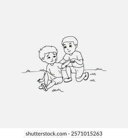 A black-and-white illustration featuring two children, one helping the other up amidst a grassy area, exemplifying helping and understanding.