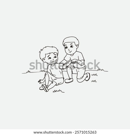 A black-and-white illustration featuring two children, one helping the other up amidst a grassy area, exemplifying helping and understanding.
