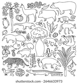 A black-and-white illustration featuring various animals, plants, and nature elements, ideal for coloring or educational purposes.