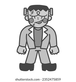 Black-and-white illustration of Frankenstein with a cute deformed smile.