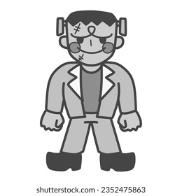 Black-and-white illustration of Frankenstein with a cute deformed smile.