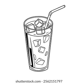 Black-And-White Illustration of a Glass With Ice Cubes and Straw.