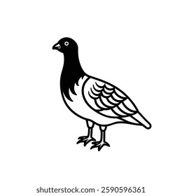A black-and-white illustration of a grouse bird in profile, showcasing distinct feathers on its wings and body