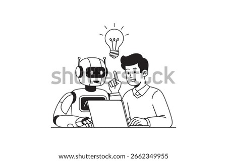 A black-and-white illustration of a human and robot working together on a laptop, symbolizing teamwork, innovation, and AI-driven idea generation.