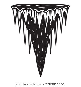 Blackandwhite illustration of icicle hanging down with white highlights on transparent background