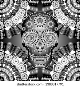 black-and-white illustration with the image of a skull, the symbol of the traditional Mexican holiday day of the dead and Day of angels