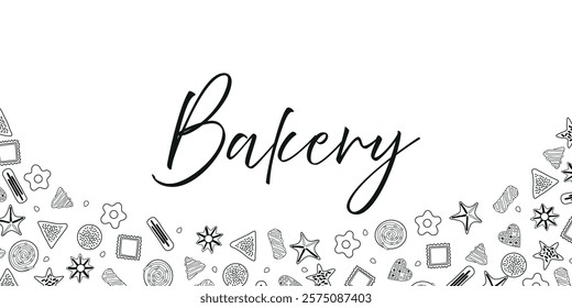 Black-and-white illustration with the inscription “Bakery” and decorative elements of cookies and cakes at the bottom.