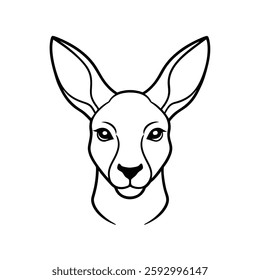 a black-and-white illustration of a kangaroo's head. The design highlights its long ears, expressive eyes, and gentle features, giving the kangaroo a graceful and calm appearance