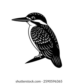 a black-and-white illustration of a kingfisher bird, characterized by its sharp beak, patterned feathers, and slender body. The bird is perched with a calm stance