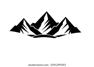 a black-and-white illustration of a mountain range with sharp, jagged peaks and a simple, bold design that highlights the stark contrast between the mountains and the surrounding space