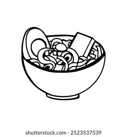 A black-and-white illustration of a ramen bowl filled with noodles, tofu, and a boiled egg, representing traditional Asian cuisine