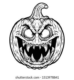 a black-and-white illustration of a scary pumpkin, a suitable illustration for helloween