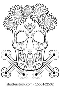 black-and-white illustration for self-coloring with the image of a human skull with a cross, a symbol of the holiday Day of the dead