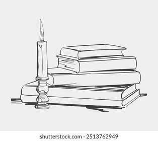 Black-and-white illustration of a stack of old books next to a lit candle, evoking a vintage and literary mood.