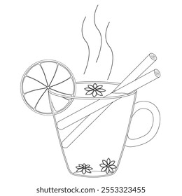 Black-and-white illustration of a steaming cup with cinnamon sticks, lemon slice, and star anise, ideal for coloring.