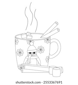 Black-and-white illustration of a steaming mug of hot chocolate with marshmallows, cinnamon sticks, and a festive penguin design on the mug. Perfect for childrens winter-themed coloring activities.