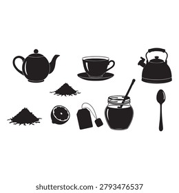 Blackandwhite illustration of teatime objects on white background