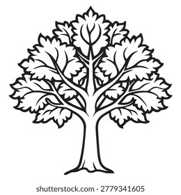 Blackandwhite illustration of a tree with leaves and branches a simple drawing of a tree with a thick trunk and many leaves on its branches
