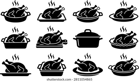 Blackandwhite illustrations of roasted chickens in various cooking dishes and plates