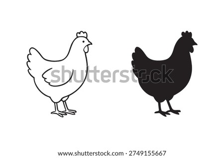 A black-and-white image featuring two chicken depictions, one in outline and one solid.