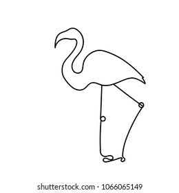 Black-and-white image of a flamingo standing on one leg. One line sketch. Vector.