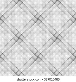 Black-and-white image. Seamless background with squares, diamonds, lines. Abstract